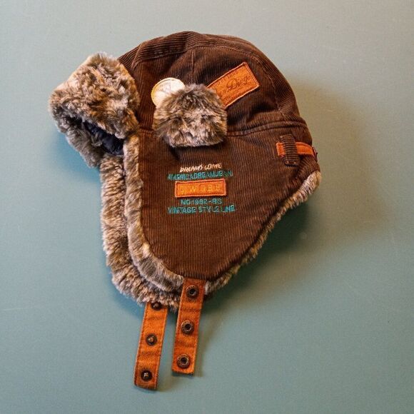 Corduroy Faux Fur Winter Aviator Hat Countrycore Grandpacore Vintage Style - Picture 1 of 7